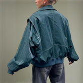 Green Contrast Stitch Leather Bomber Jacket